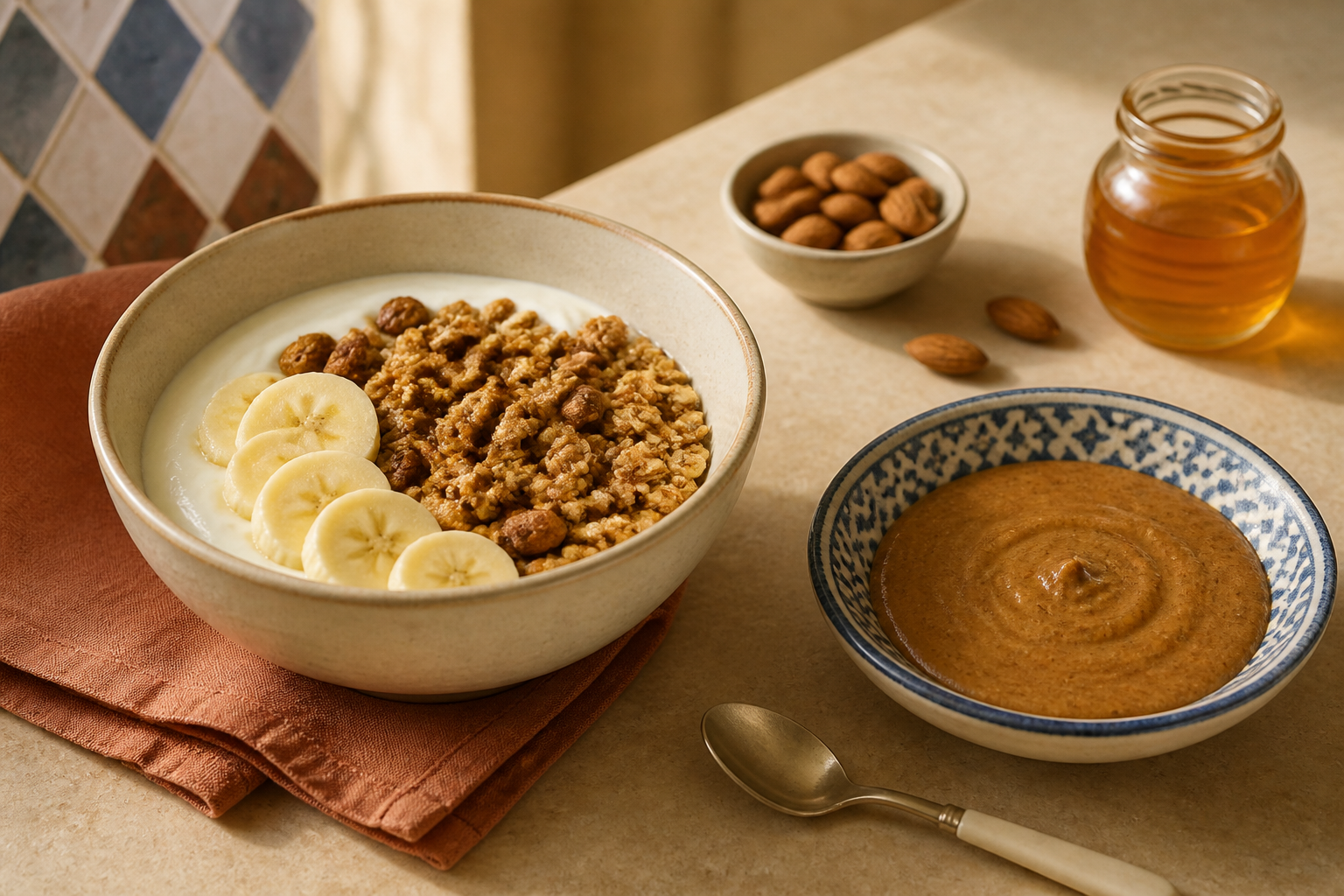 Bowl de granola, amlou et thé sur une table marocaine contemporaine