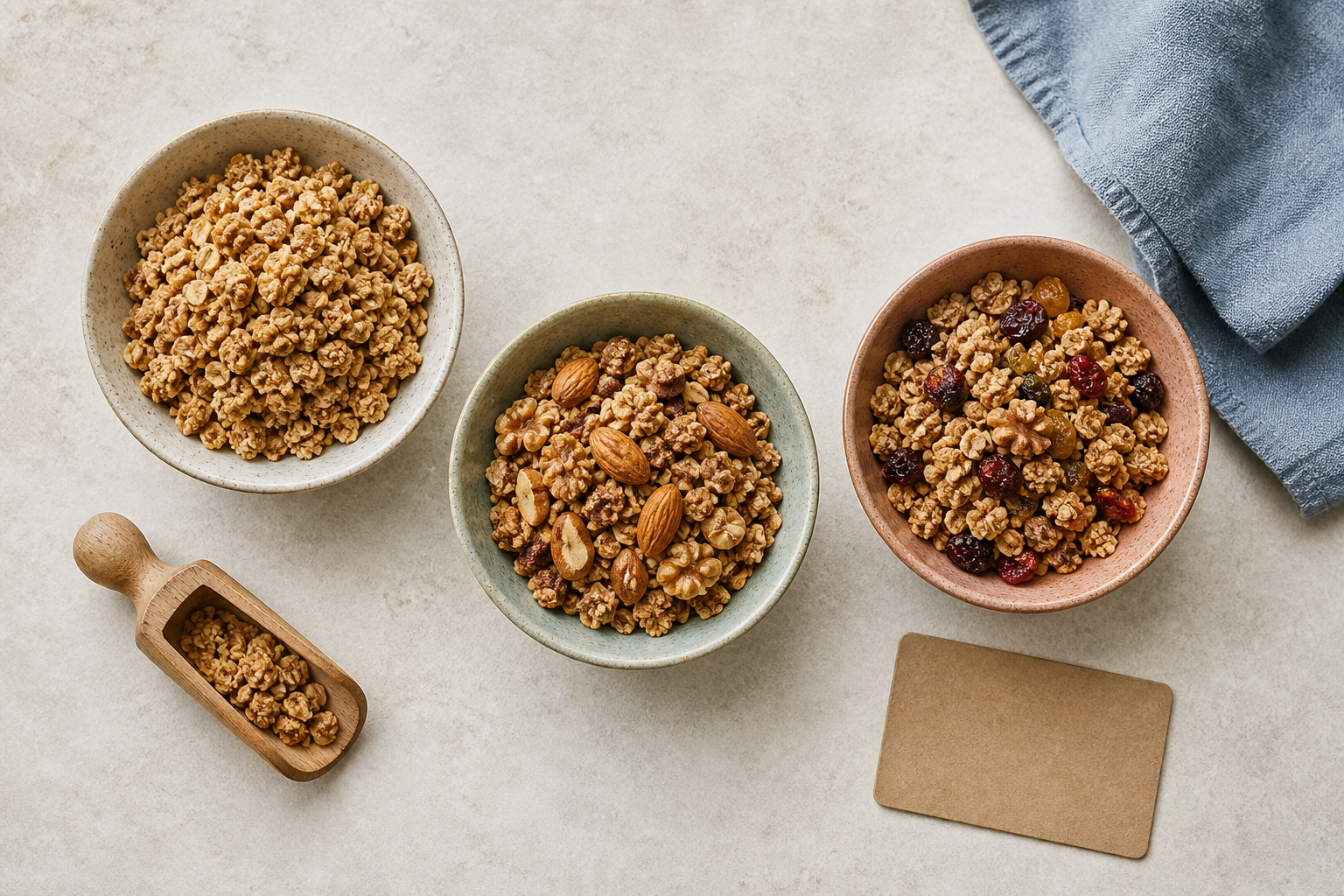 Trois bols de granola aux profils de saveur différents