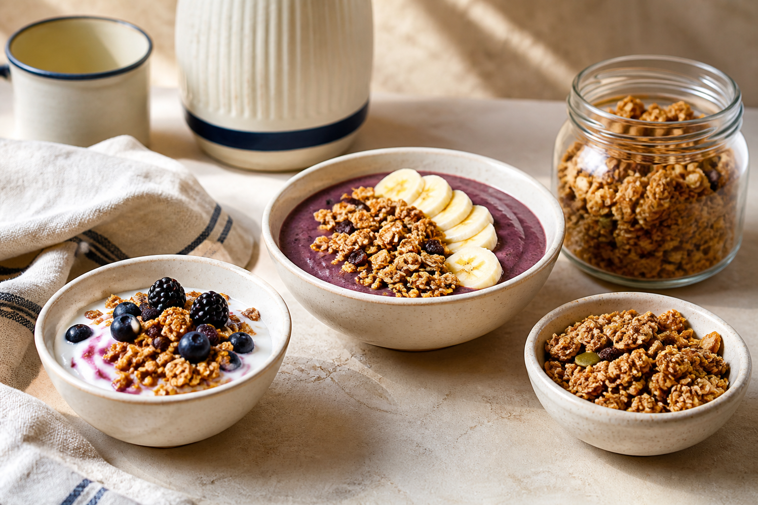 Trois idées de service du granola avec yaourt, bowl et fruits