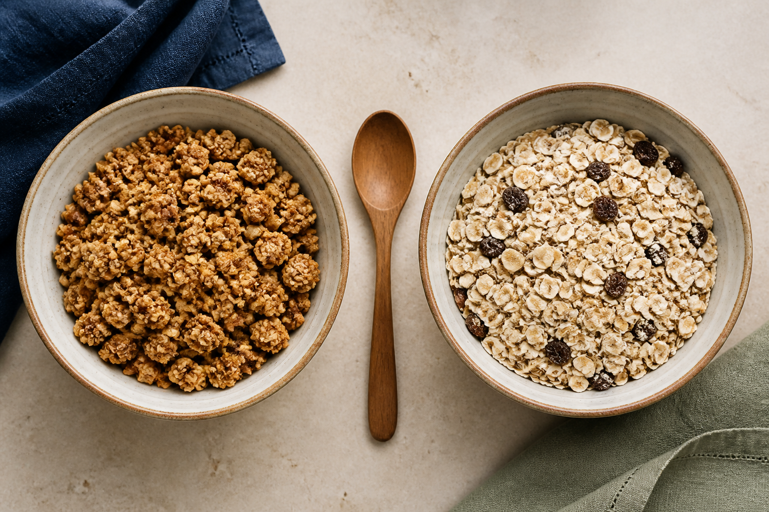 Granola croustillant et muesli non cuit présentés côte à côte