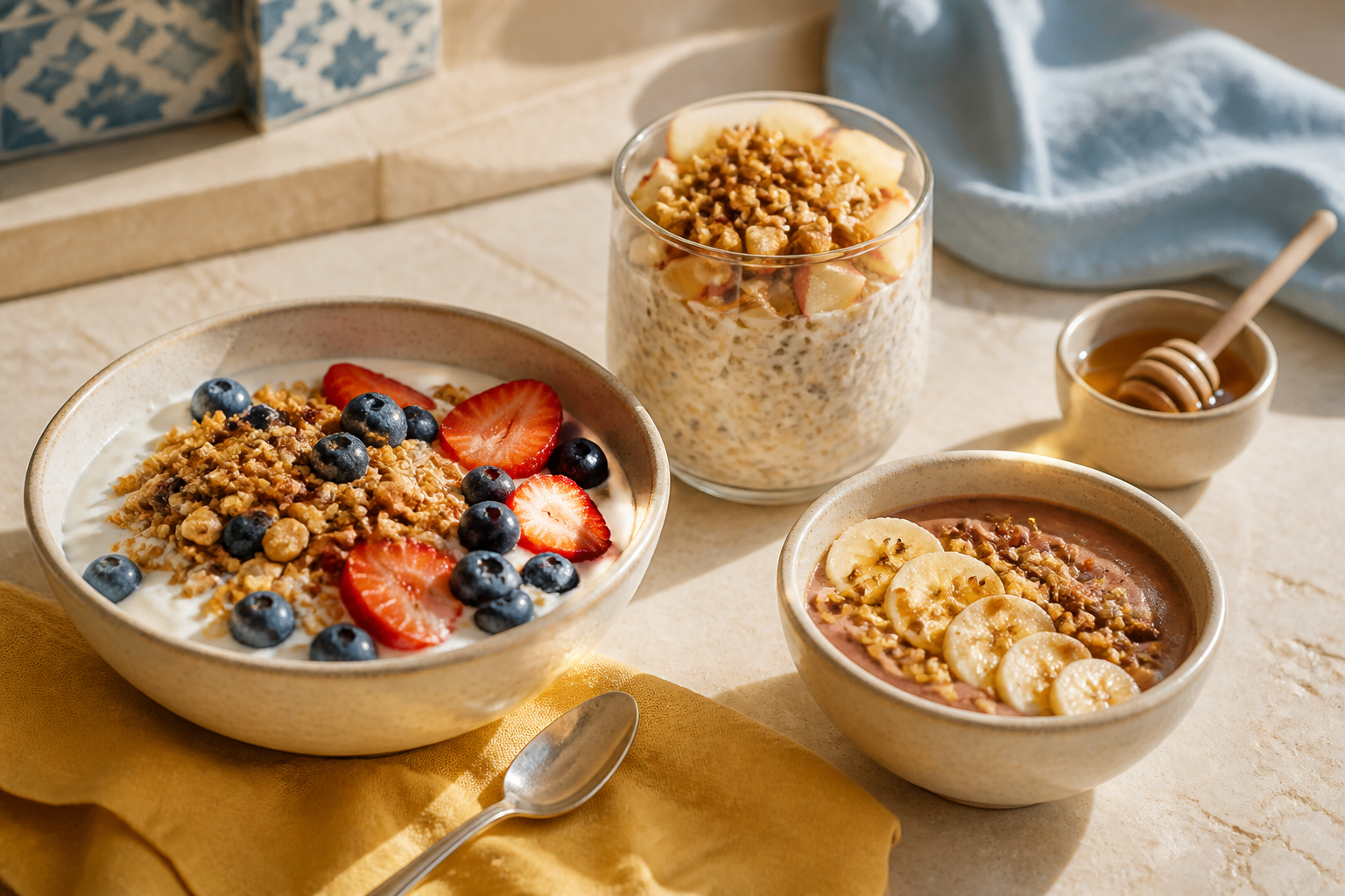 Petit-déjeuner avec yaourt, fruits et granola sur une table claire