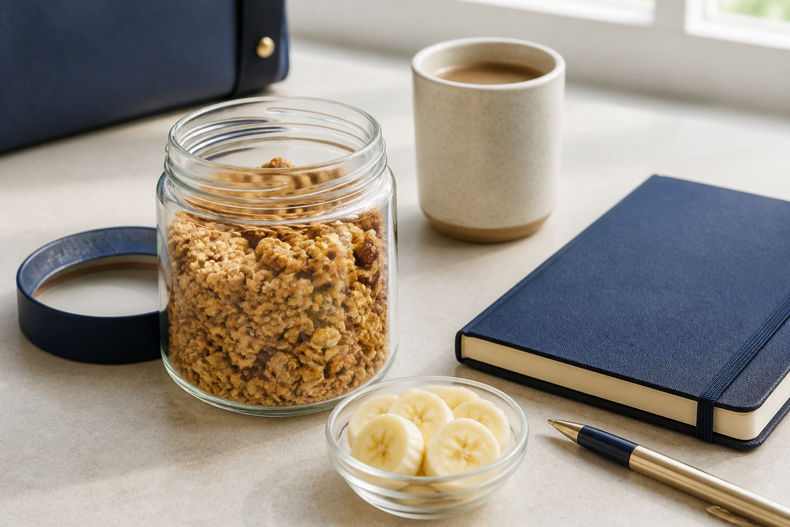 Petit bocal de granola et fruits préparés pour une pause au travail