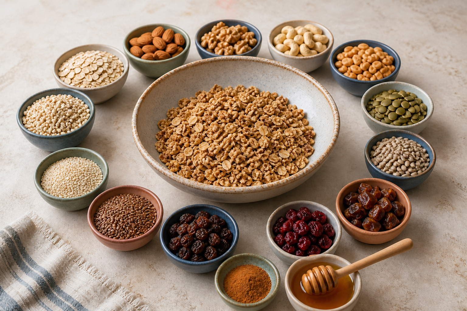 Ingrédients disposés autour d’un bol pour composer son granola