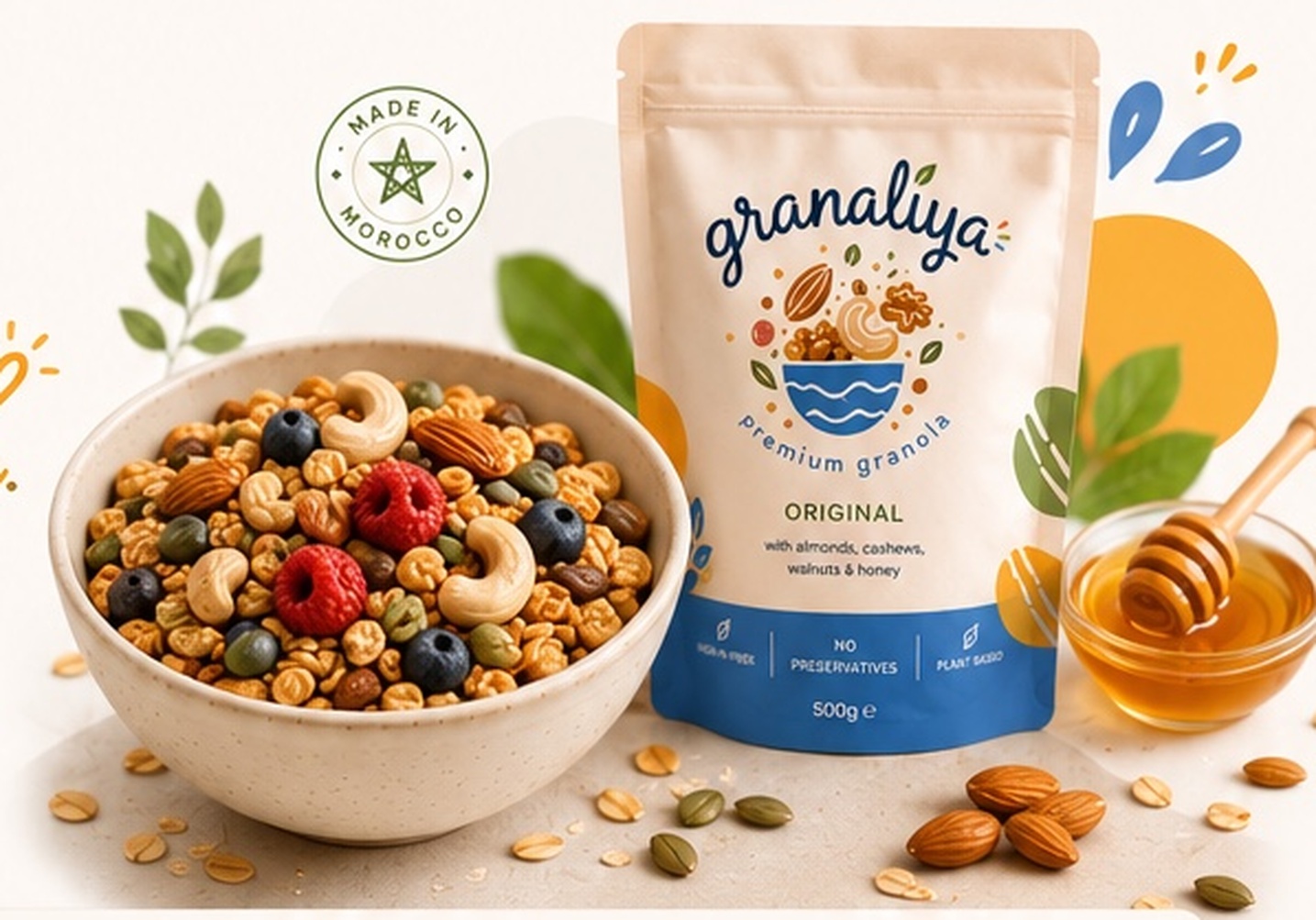Bol de granola, paquet Granaliya et miel
