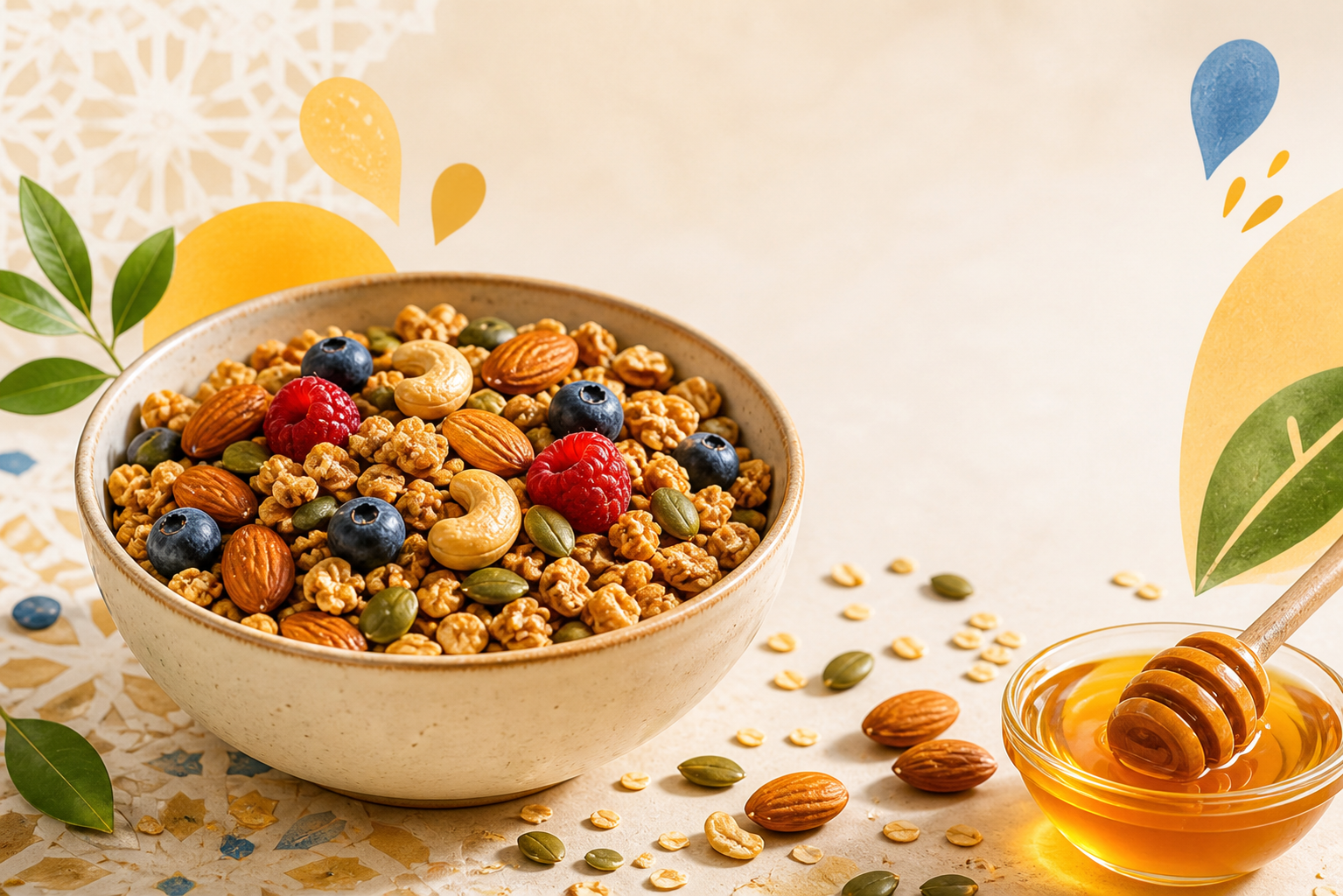 Bol généreux de granola, fruits rouges, noix et miel dans l'univers coloré Granaliya