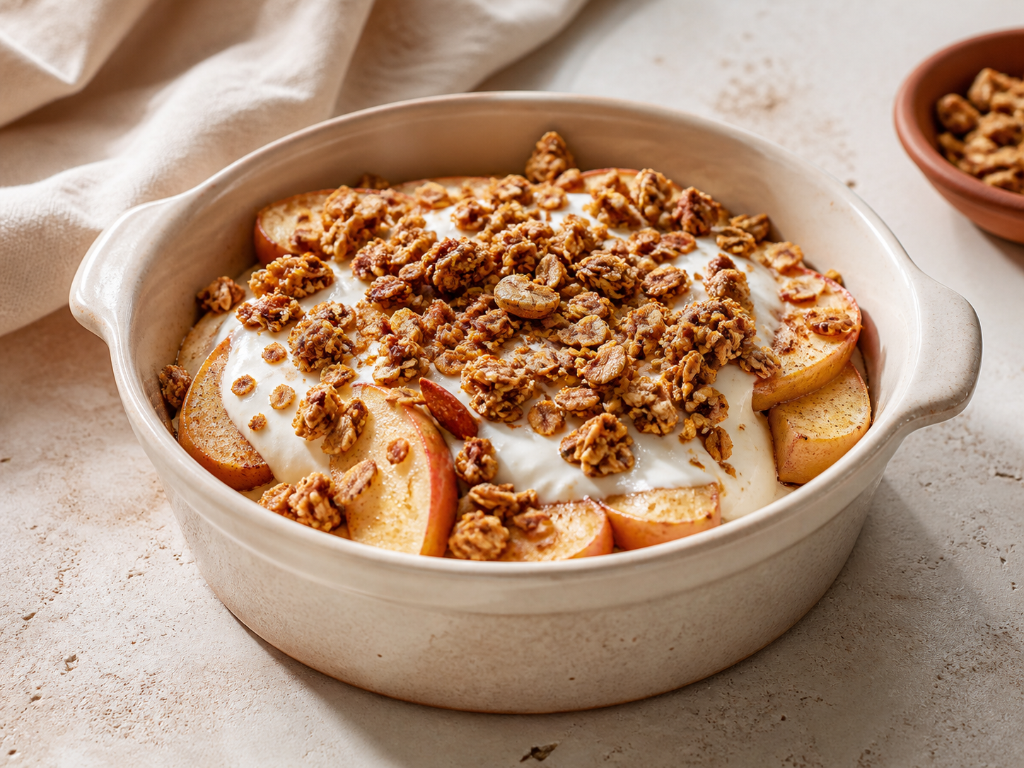 Dessert aux pommes garni de granola