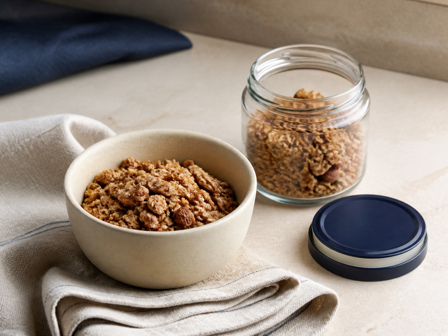 Granola servi en petite portion avec un bocal réutilisable
