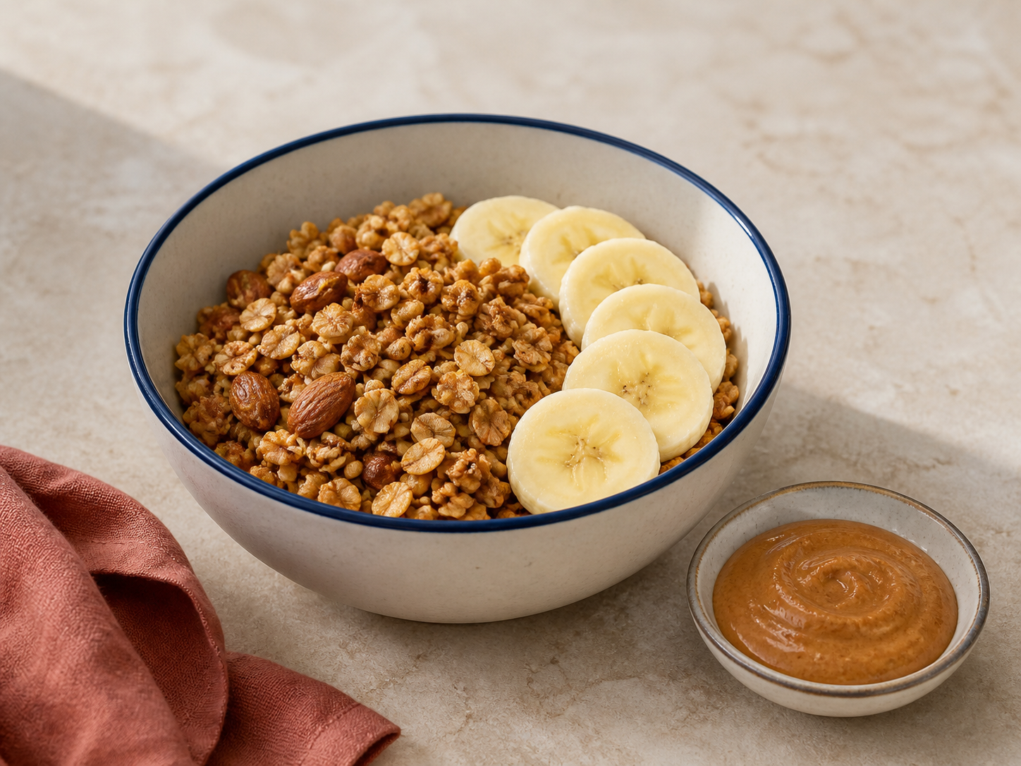 Suggestion de dégustation Amlou Granola avec banane et amlou servi séparément