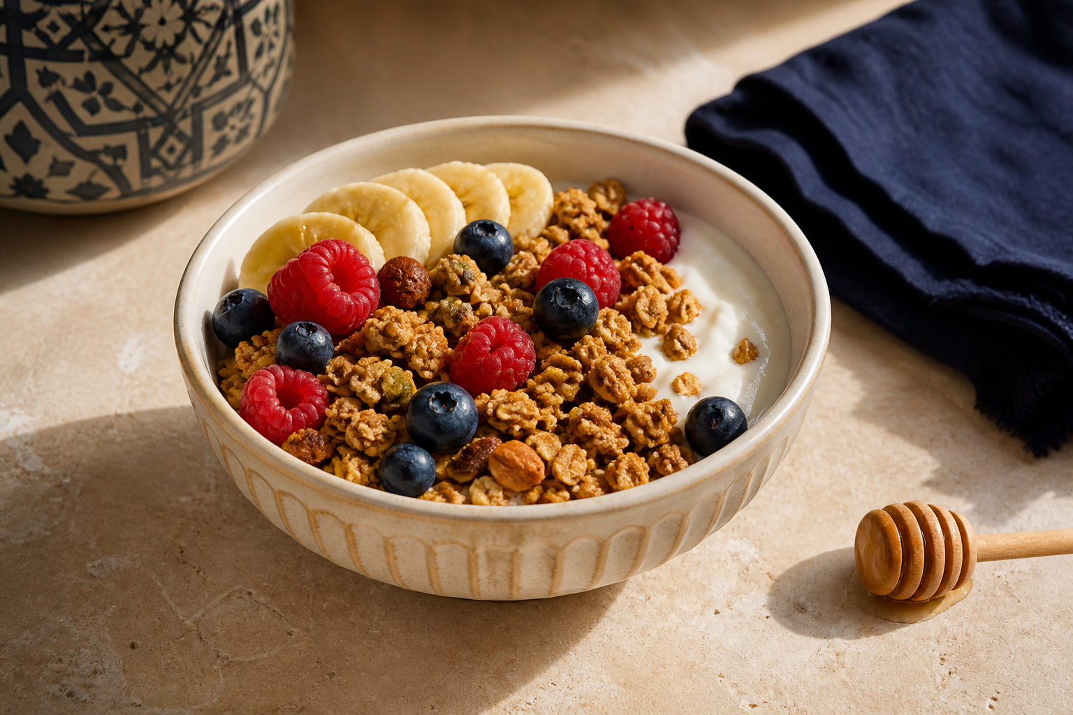 Bol de yaourt, granola, banane et fruits rouges