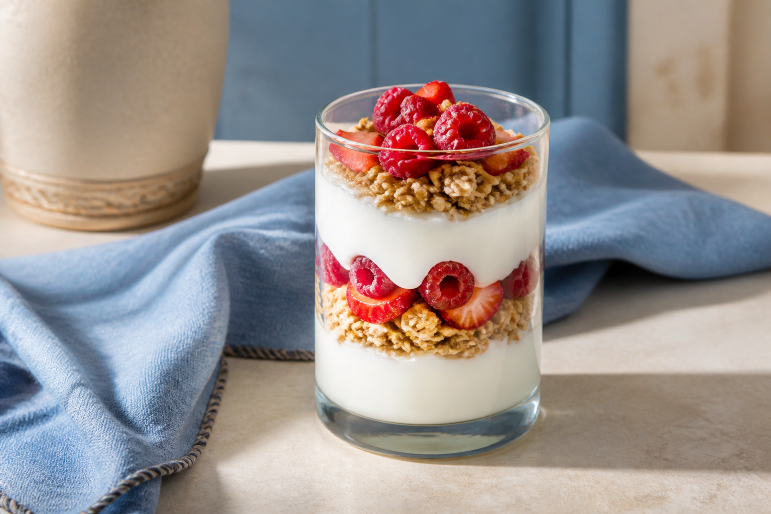 Parfait au yaourt, fruits rouges et granola dans un verre
