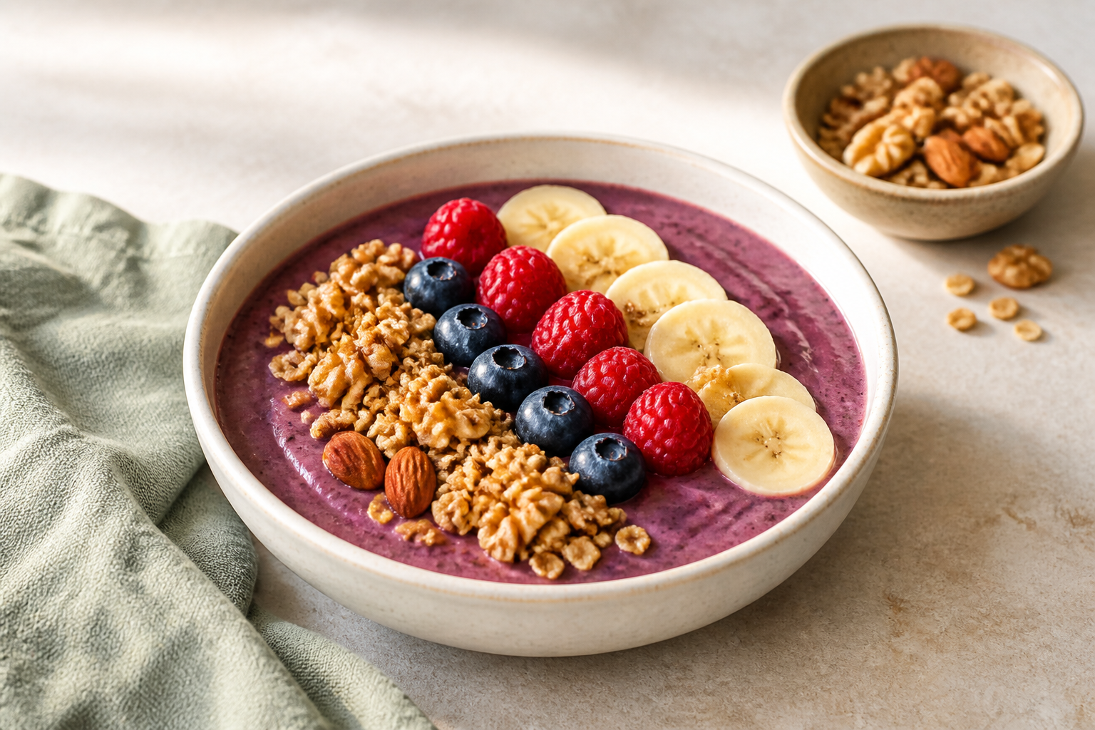 Smoothie bowl aux fruits rouges, banane et granola